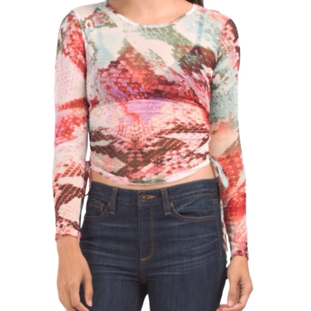 Shinestar Mesh Snake Print Ruched Long Sleeve Crop Top (NWT) (Size: Medium)